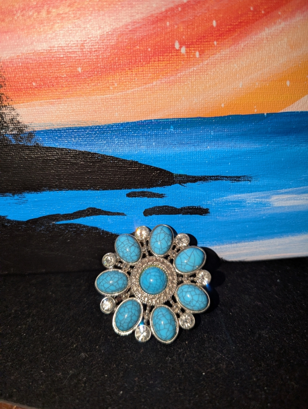 Fashion Turquoise Stone Floral Ring- Blue Silver Accent